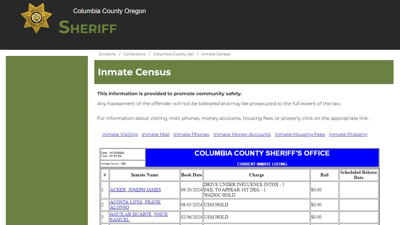 Columbia County Oregon Sheriff - Inmate Census